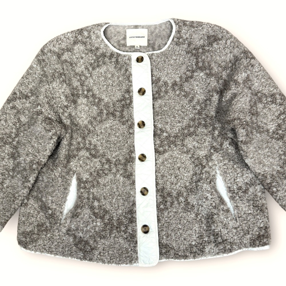 Lucky Brand Faux Shearling Teddy Jacket Women XL Grey‎ Beige Quilted Placket - Picture 2 of 12